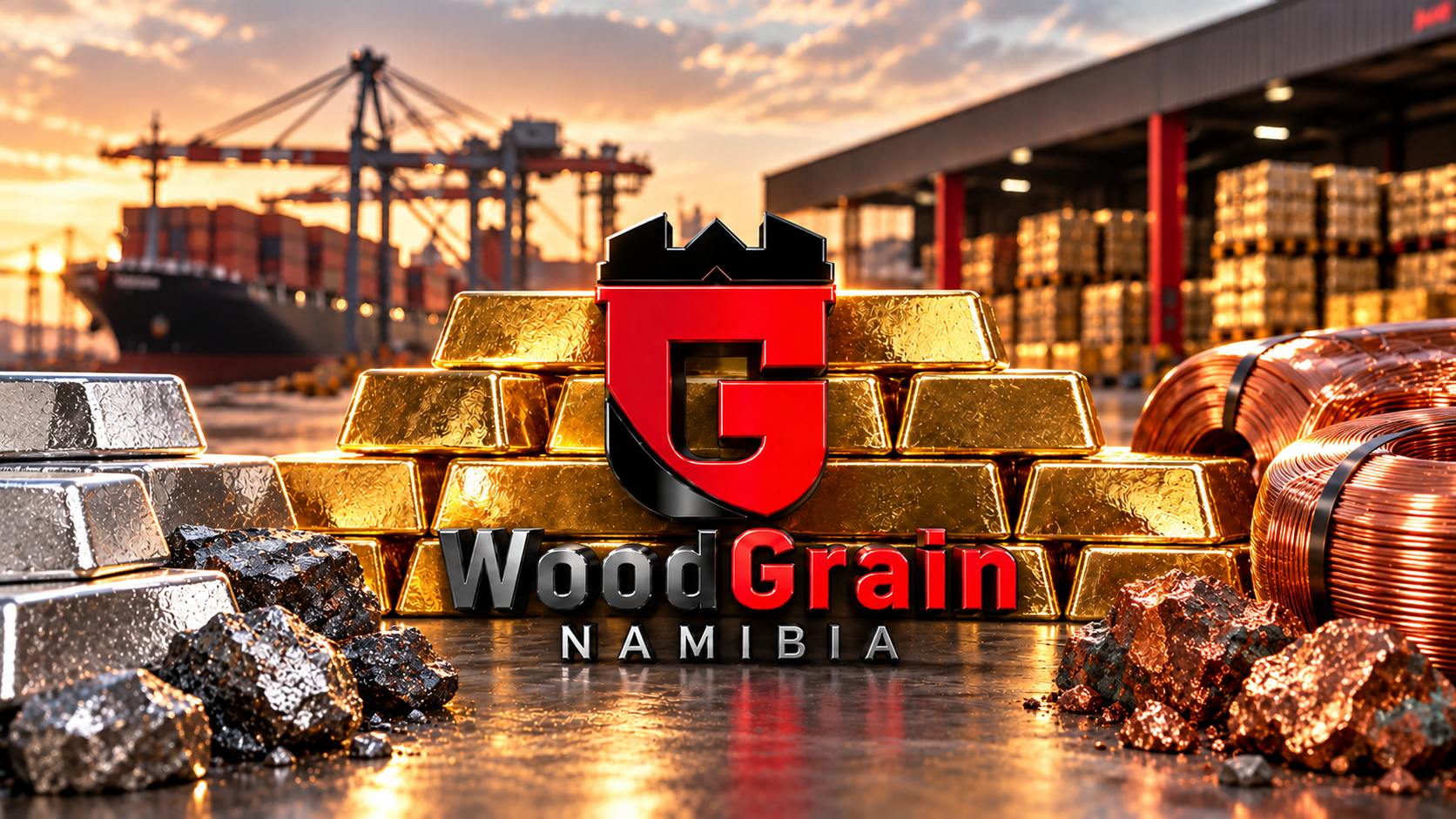 Woodgrain logo in front of gold bullion, with copper coils, silver ingots and mineral samples