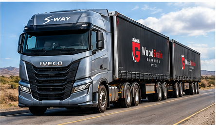 Woodgrain-branded truck and trailer from the company business-plan reference
